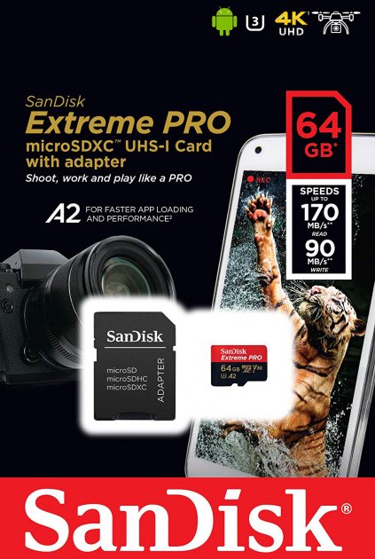 Карта памяти SanDisk microSDXC Extreme Pro V30 64GB C10 UHS-I U3 + SD адаптер (SDSQXCY-064G-GN6MA)