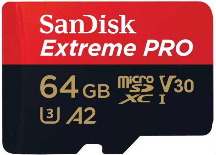 Карта памяти SanDisk microSDXC Extreme Pro V30 64GB 10 UHS-I U3 R200/W90MB/s + SD адаптер (SDSQXCD-064G-GN6MA)