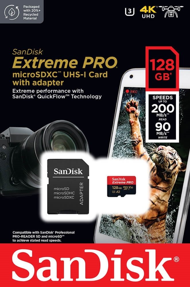 Карта памяти SanDisk microSDXC Extreme Pro V30 128GB 10 UHS-I U3 R200/W90MB/s + SD адаптер (SDSQXCD-128G-GN6MA)